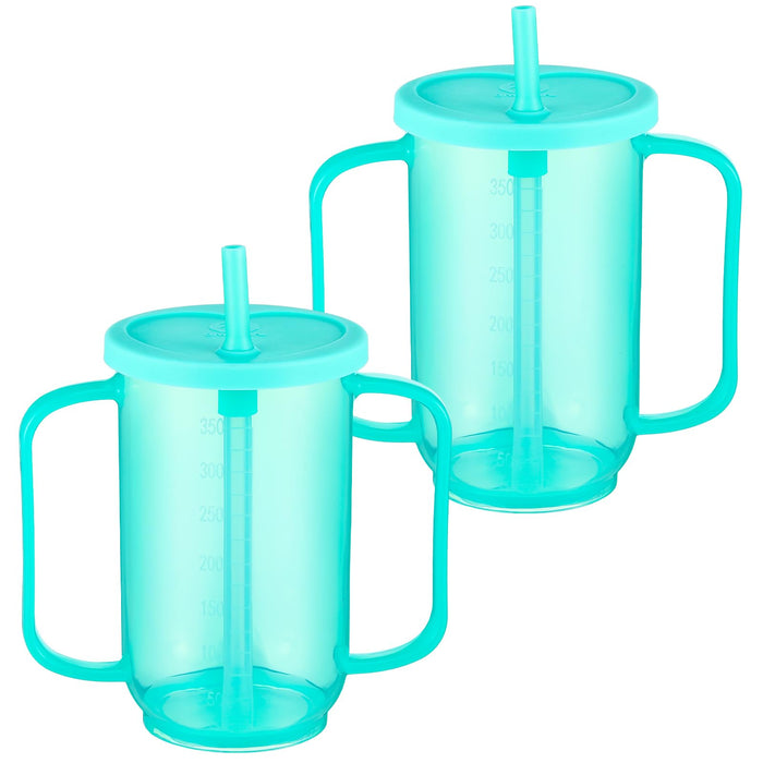 Sliner 2 Pcs Adult Sippy Cups for Elderly, Plastic Spill Proof Cups with 2 Handles Straw and Lid Elderly Drinking Cups for Adults Hospital Disabled Handicapped Patients, 12 oz