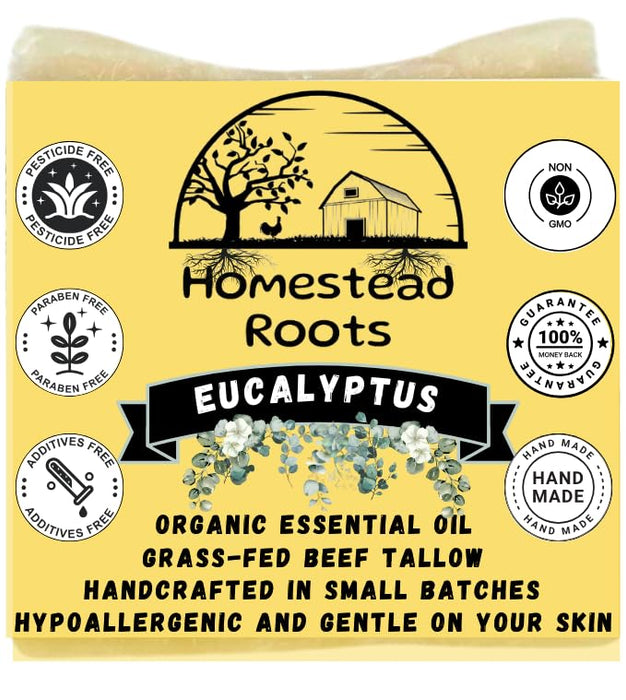 Homestead Roots - Eucalyptus- Handcrafted with Grass-Fed Beef Tallow and Organic Oils - Scented with Organic Essential Oils - Artisanal Bar Soap - 3 Pack - Each Bar Unique