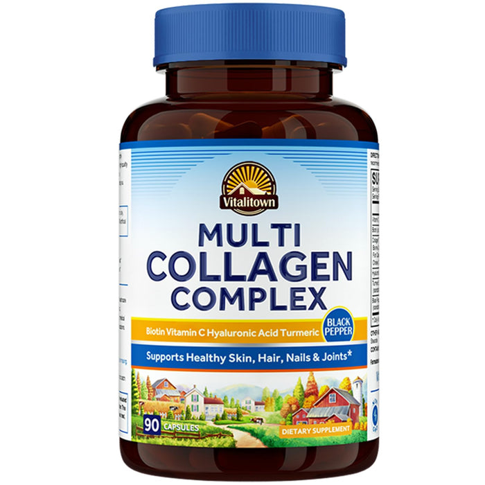 VITALITOWN Multi Collagen Complex, Type I, II, III with Biotin, Vitamin C, Hyaluronic Acid, Turmeric, Black Pepper for Skin, Hair, Nails & Joints, 90 Capsules, Non-GMO