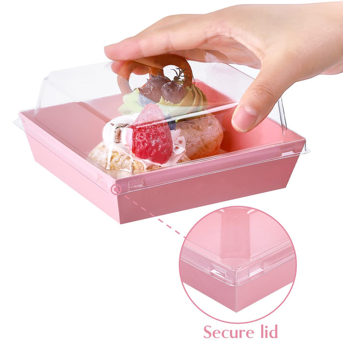 Ocmoiy Small Charcuterie Boxes with Clear Lids, To Go Paper Disposable Food Containers, 5 Inches Bakery Dessert Boxes for Sandwich, Cookie, Pastry, Cake Slice (Pink, 50ct)