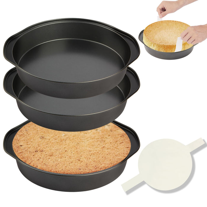 tutikuki 8" Round Cake Pan, 3PCS Nonstick Cake Pans with 100 PCS Parchment Paper, Carbon Steel Cake Baking Pans with Handle, Dishwasher Safe