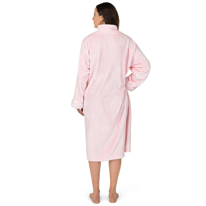 PAVILIA Womens Housecoat Zip Robe, Fleece Zip Up Front Robe Bathrobe, Plush Warm Zipper House Coat Lounger for Women Ladies Elderly with Satin Trim, Pockets, Long Plus Size - Light Pink (2x/3x)