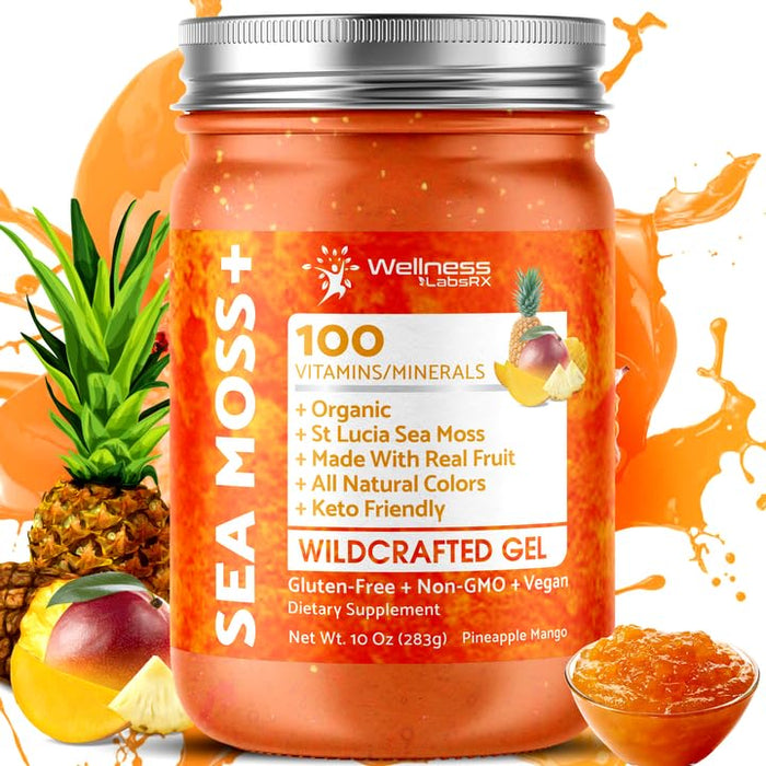 WELLNESS LABSRX Irish Sea Moss Gel Organic Raw - Wildcrafted Superfood Seamoss Gel - Pineapple Mango Flavor, Vitamin and Mineral-Rich from Pristine Caribbean Waters - 10 oz.