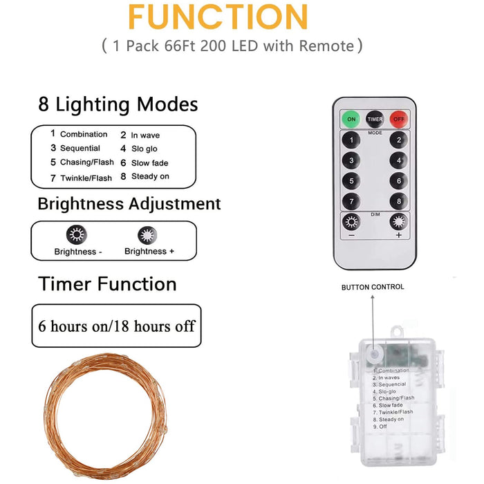 66Ft 200LED Battery Operated Fairy Lights with Remote, Waterproof Battery Christmas String Lights with Timer, Twinkle Lights for Bedroom Christmas Decorations (Warm White)