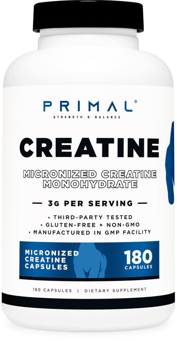 Primal Creatine Monohydrate (3,000 Mg, 180 Caps) - Micronized Creatine Supplement, 750mg Per Capsule, Great for Preworkout and Recovery - Gluten-Free, Non-GMO