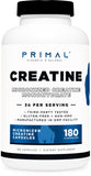 Primal Creatine Monohydrate (3,000 Mg, 180 Caps) - Micronized Creatine Supplement, 750mg Per Capsule, Great for Preworkout and Recovery - Gluten-Free, Non-GMO