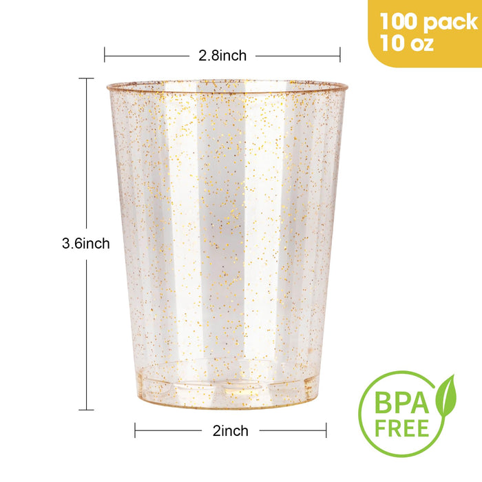 100PCS 10oz Gold Glitter Plastic Cups for Party, Disposable Gold Plastic Cups, Plastic Cocktail Glasses for Wedding Thanksgiving, Christmas, and Parties