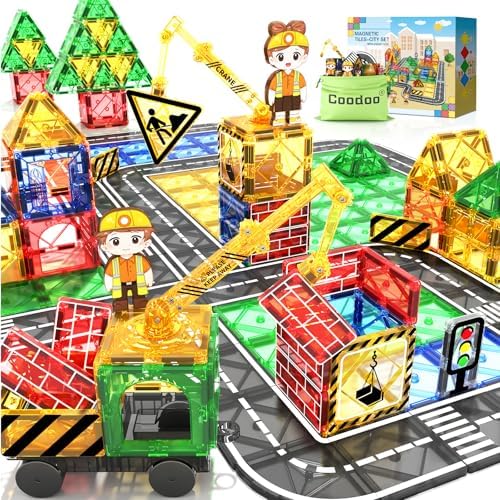 Kids Games Magnetic Tiles Road Set with Extendable Magnetic Crane, City Construction Building Toys for Toddlers STEM Preschool Toys Ages 4-6 5-7, Gifts for 3+ Year Old Boys Girls Kids Toys with Car