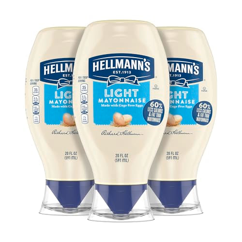 Hellmann's Light Mayonnaise Light Mayo Squeeze Bottle Pack of 3 For a Creamy Condiment for Sandwiches and Simple Meals Made With 100% Cage-Free Eggs 20 oz