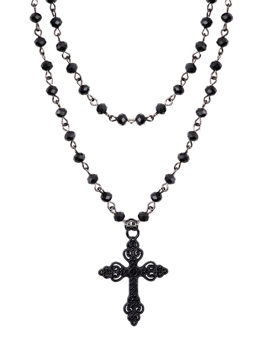 Layered Black Beaded Cross Choker, Goth Gothic Emo Punk Grunge Necklace