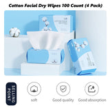 4 Pack Cotton Facial Dry Wipes 100 Count, Deeply Cleansing Disposable Face Towel Cotton Tissue, Multi-Purpose for Skin Care, Make-up Wipes, Face Wipes and Facial Cleansing(400 Count)