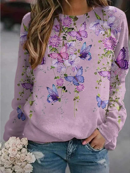 Fronage Elderly Women's Butterfly Graphic Long Sleeve Shirt Tops Crewneck Casual Sweatshirt Vintage Landscape Print Pullover Light Purple, L