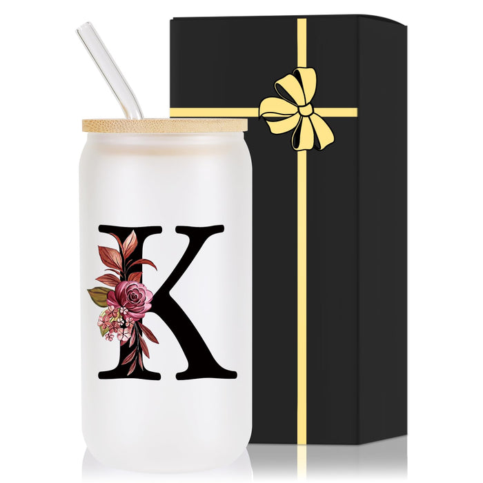 Monogrammed Glass Drinking Cup With Lid Straw Mother Day Gifts Best Mama Mom Ever from Daughter Son Christmas Xmas Valentines Birthday Groom Bride Mother In Law Personalized Unique Special Present,K