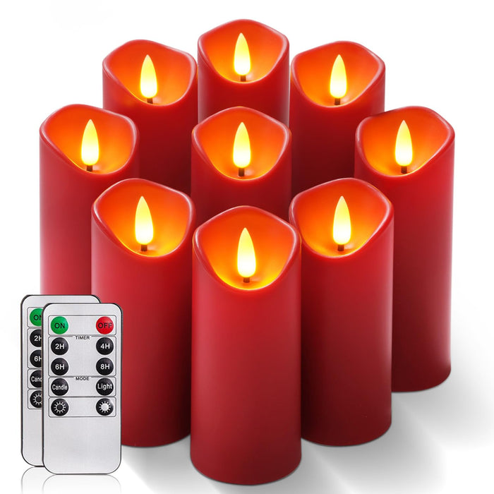 Homemory Christmas Flameless Candles, Battery Operated Candles with Remote Timers, Electric Fake Candles for Home, Christmas Decoration, Made of Plastic, Red/Burgundy, Set of 9