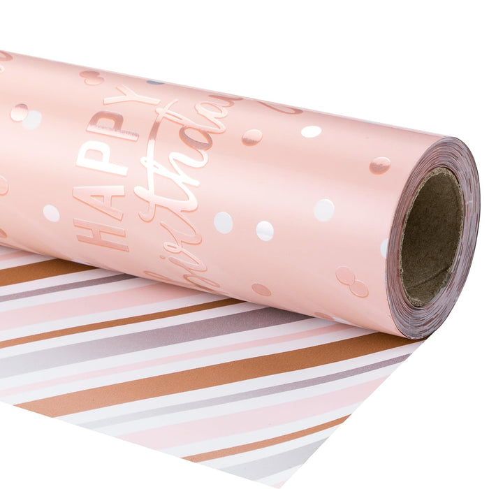 LeZakaa Reversible Birthday Wrapping Paper Roll - Happy Birthday Lettering & Stripe Design with Metallic Foil in Pink - 17 inches x 32.8 Feet (46.45 sq.ft.)