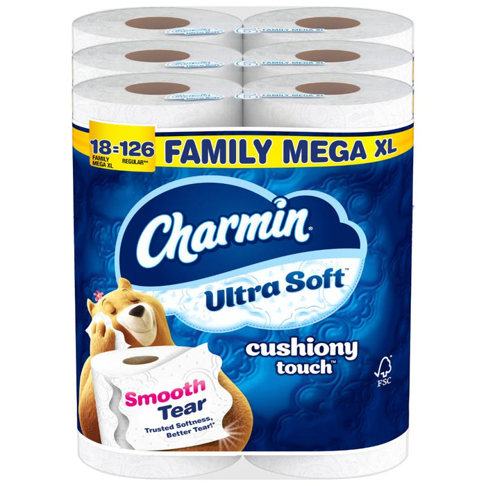 Charmin Toilet Paper Ultra Soft Cushiony Touch, 18 Family Mega XL Rolls = 126 Regular Rolls