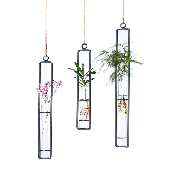 AODERUM Hanging Glass Planter Water Iron Art Hydroponic Vase Transparent Test Tube Flower Hanging Bottle Home Decoration (3pcs-S,M,L)