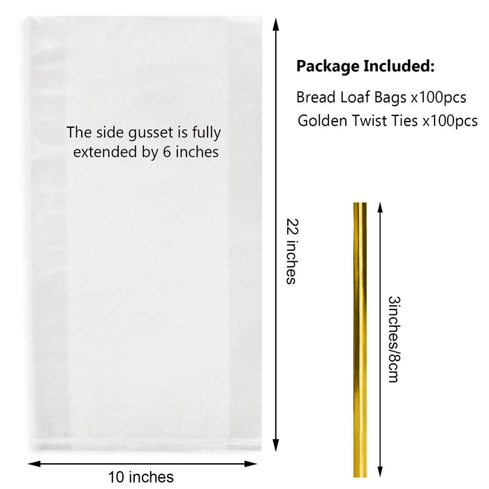 Large Bread Poly Bags,100 Pcs 22x6x10 Inch Bread Loaf Packing Bags with 100 Twist Ties,Clear Thick Gusseted Grocery Bakery Bags (Extra Large-22x6x10)