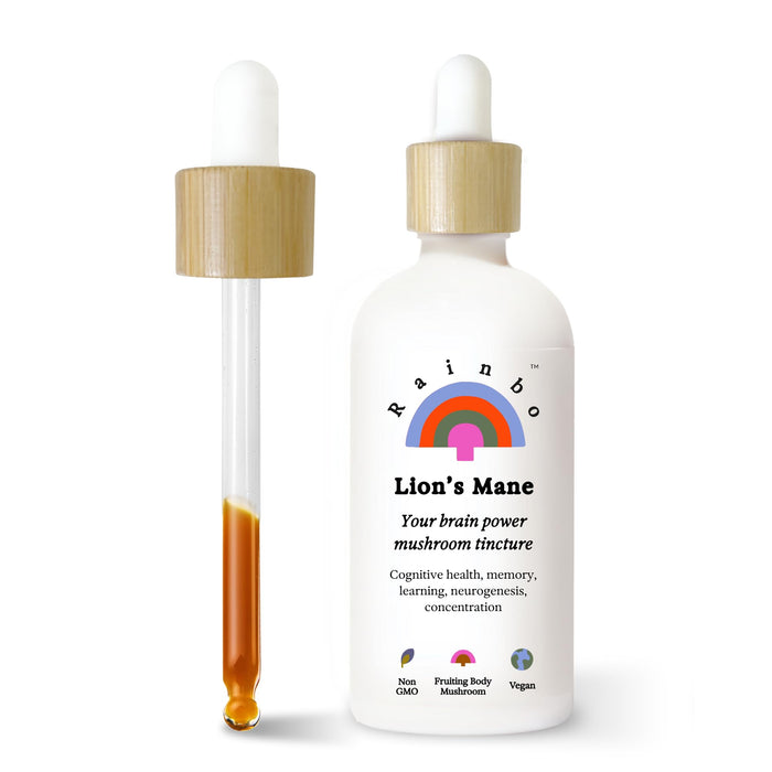 Rainbo Lion's Mane Mushroom Tincture, Dual Extract Lion's Mane Tincture, Daily Mushroom Supplement for Brain Support, Focus & Memory, Liquid Lion's Mane Supplement, Vegan, Non GMO, 100ml