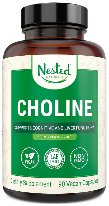 Nested Naturals Choline Bitartrate 500mg | High Potency Choline Supplements | Supports Cognitive Performance & Liver Function | 100% Vegan & Non-GMO Choline | 90 Vegan Capsules
