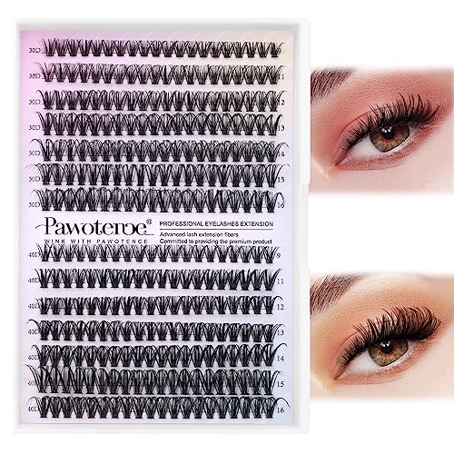 Pawotence Lash Clusters 280pcs Individual Lashes 30D 40D Cluster Eyelash Extensions 9-16mm Eyelash Clusters Lash Extensions for Self Application (30D&40D, 0.07D, 9-16mm)