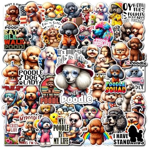 Pack 50 PCS Poodle Stickers Cute Dog Waterproof Vinyl Decals Decorations Water Bottles Laptop Phone Case Skateboard Scrapbookings Car Bumper Gifts for Kids Teens Adults