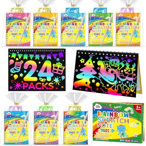 ZMLM Rainbow Scratch Party Favors Kids: Birthday Gifts Toy Bulk Scratch Art Notebook 24 Pack Birthday Goodie Bags Stuffers Girls Boys Art Craft Kit Pads Classroom Prizes School