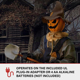 Haunted Hill Farm Motion-Activated Smiling Jack The Shovel-Wielding Sitting Scarecrow by Tekky, Talking Jump-Scare Halloween Animatronic, Plug-in or Battery Operated Halloween Decorations