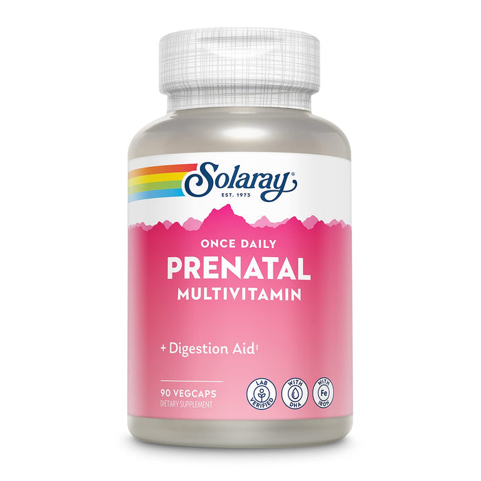 SOLARAY Once Daily Prenatal Multivitamin with Iron & DHA, Prenatal Vitamins and Minerals for Expectant Mothers, Digestion Aid with Morning Ease Herbal Blend & Whole Food Base, 90 Servings, 90 VegCaps