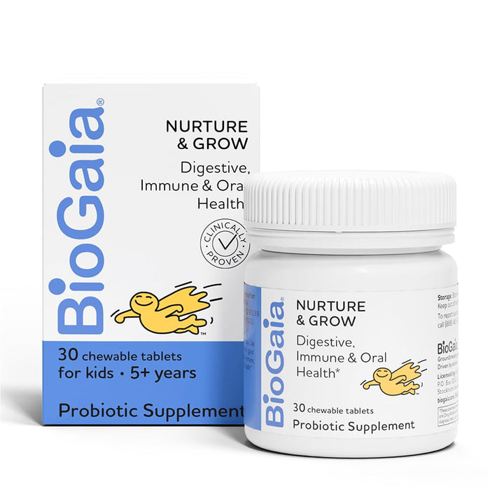 BioGaia Nurture & Grow Kids Probiotic | Ages 5+ | Chewable Probiotic | Allergen-Free | Triple-Benefit Probiotic for Kids | Digestive Health, Immune Support & Oral Health Protection | 30-Day Supply