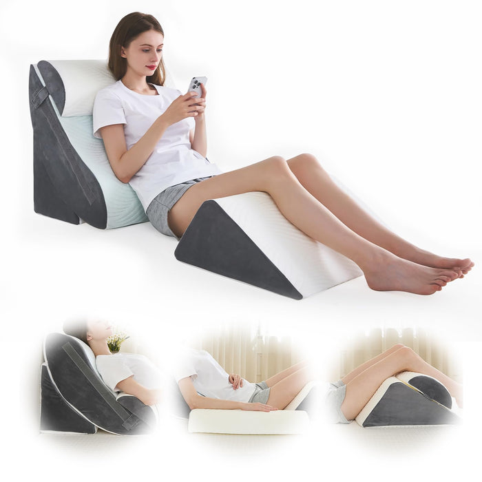XICIKIN Orthopedic Bed Wedge Pillow Set, 2-Layer Memory Foam for Back, Leg Pain Relief, Comfortable Support, Post Surgery Adjustable Pillows Sitting and Sleeping(4pcs,22" Wide,White Grey)