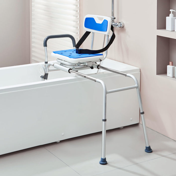 VEVOR Sliding Tub Transfer Bench with 360 Degree Swivel Seat, Height Adjustable Bathtub Transfer Bench with Armrest & Safety Belt, Non-Slip Rotating Shower Chair for Elderly Disabled, 400LBS Capacity