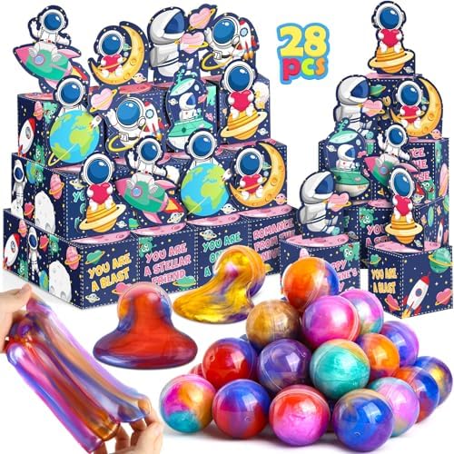 28 Pack Valentines Day Gifts for Kids, Galaxy Slime with Greeting Card Box Stress Relief Fidget Toy for Kids, Valentine's Day Party Favor Supplies, Classroom Exchange Prizes Party Gifts