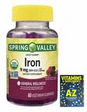 Spring Valley Organic Iron 9 mg, General Wellness, Mixed Berries, 60 Vegetarian Gummies+Better Guide Vitamins Supplements
