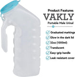 Male Urinal with Glow in The Dark Cover [32oz Pack of 5] Portable Pee Bottles for Men Used for Hospitals, Incontinence, Emergency and Travel (5)