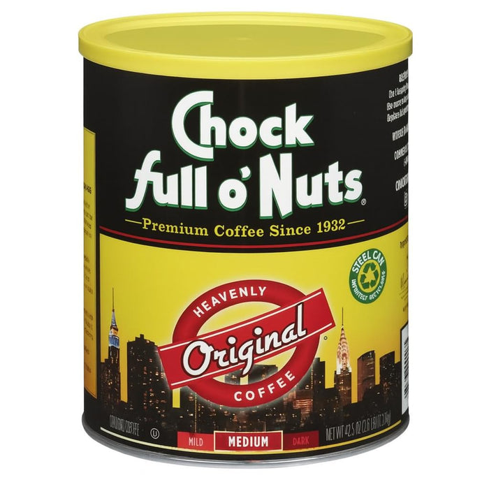 Chock Full o' Nuts Heavenly Original Ground Coffee – Premium Beans in Recyclable Steel Can – Rich Flavor & Aroma, Medium Roast – Perfect for Drip, Pour-Over, Percolator – 42.5 Oz Can