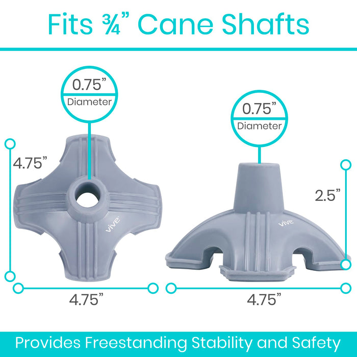 Vive Cane Tip - Self Standing Quad Base Replacement for Most Walking Canes, Walking Sticks, Folding Canes or Offset Quad Pod or Tripod Canes - 4 Prong Rubber Cane Foot Pad