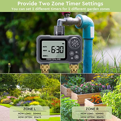 Moistenland Hose Timer, Irrigation Timer, Lawn & Garden Watering Equipment, with Rain Delay/Manual/Automatic Watering System, IP54 Waterproof, 3.1 Inches Large Screen(2 Outlets)