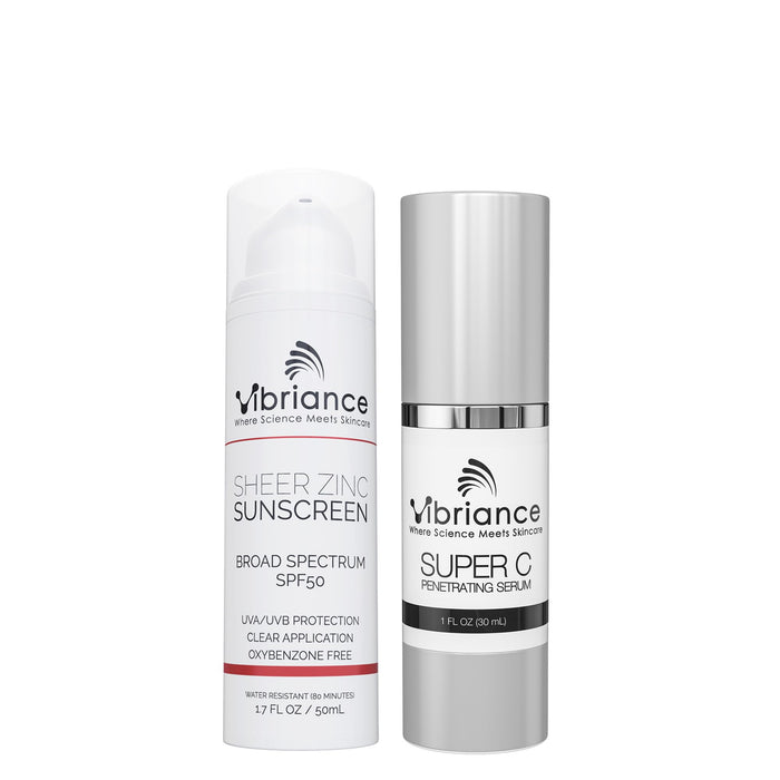 Vibriance Simple Skincare Essentials Bundle | Super C Vitamin C Serum & Sheer Zinc SPF 50 Sunscreen Skincare Set | Nourish, Protect, and Illuminate