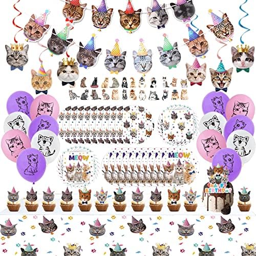 137PCS Kitten Birthday Party Supplies - Serves 20 Guests - Decorations, Plates, Banner, Napkins, Balloons, Tablecloth, Cake Toppers for Cat Themed Party
