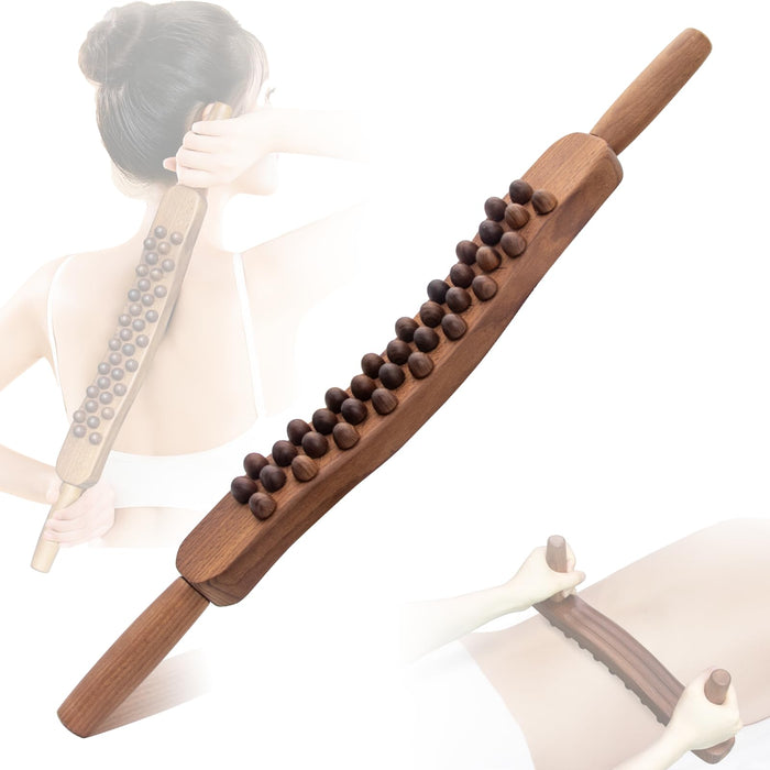 Goodtar Guasha Wood Stick Tools Wooden Therapy Scraping Lymphatic Drainage Massager, Double Row 34 Beads Point Treatment Gua Sha Tools for Back Leg (34 Beads)