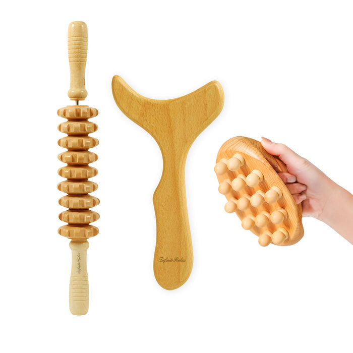 InfiniteRelax 3-in-1 Wood Therapy Massage Tools for Body Shaping Professional, Wooden Lymphatic Drainage Massager, Maderoterapia Kit Colombiana Cellulite Massager