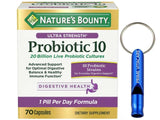 Nature S Bounty Ultra Strength Probiotic 10, (70 Capsules)+ Bundle with VITACARE Emergency Whistle Keychain for Ourdoor