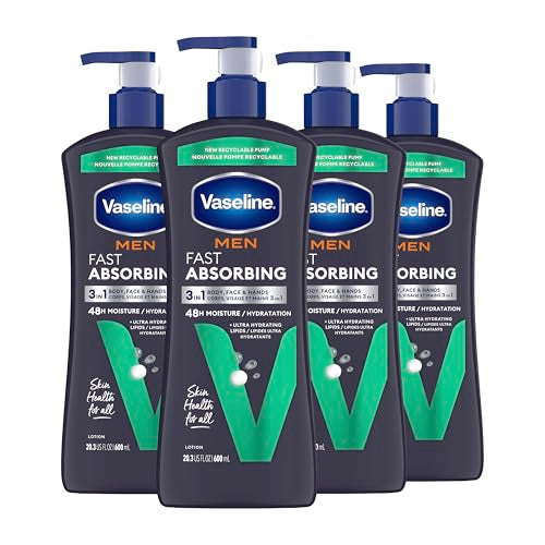 Vaseline Men Fast Absorbing 3-in-1 Face, Hands & Body Lotion for Men, 4 pack For Dry Skin,Absorbs in Just 15 Seconds for Moisturized Skin 20.3 Oz