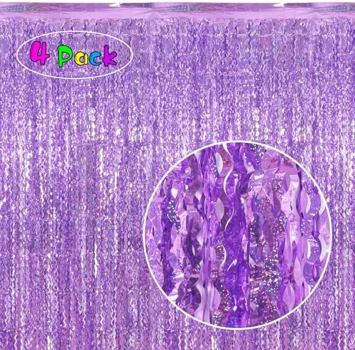 4 Pack Sparkle Wavy Purple Tinsel Curtain Party Backdrop - 3.3X6.6ft Foil Fringe Curtain Party Photo Booth Streamers for Mermaid Euphoria Themed Party Decorations
