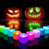 Homemory Multi Color Changing Tea Lights Battery Operated, 7-Color Changing LED Plastic Holiday Candles for Halloween, Pumpkin, Ofrenda, Christmas, Party, Dia1.5'' x H1.3'', 24-Pack [White Base]