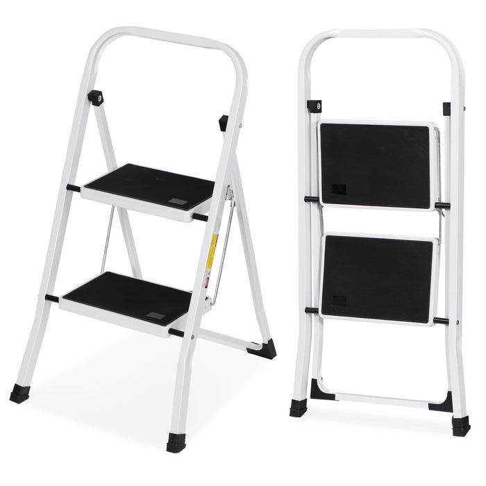 JungleA 2 Step Ladder Folding Step Stool,Small Foldable Home Step Stool for Kids Adults,Wide Anti-Slip Pedal,350 lbs Load Capacity,Lightweight Portable White Step Stool Ladder for Bed,Closet,Kitchen