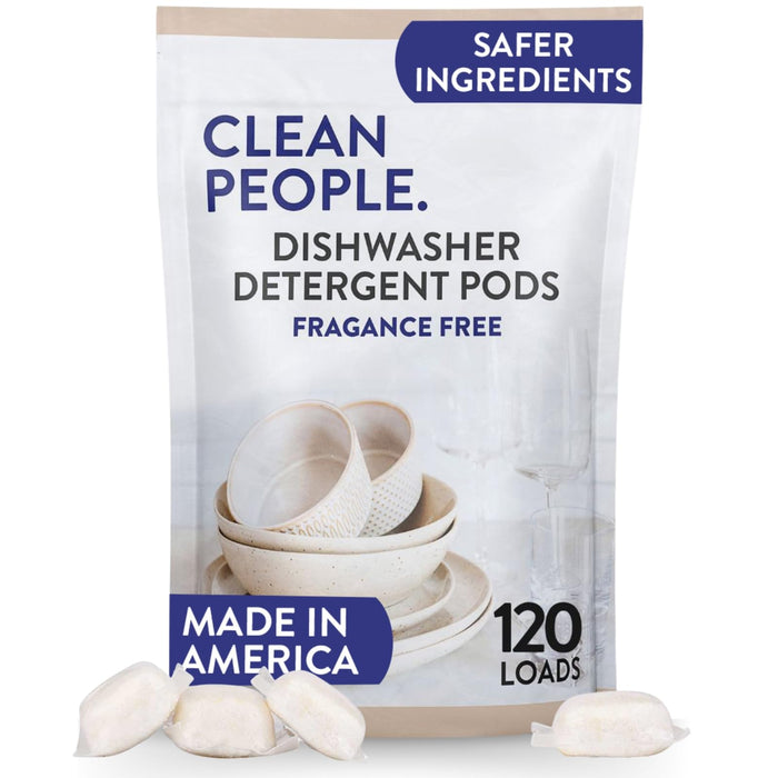 Clean People Dishwasher Pods - Cuts Grease & Rinses Sparkling Clean - Residue-Free - Phosphate Free Dishwashing Pods - Fragrance Free, 120 Pack