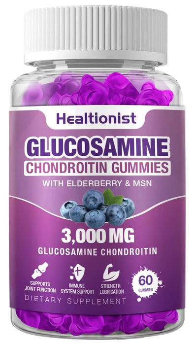 Healtionist 3000mg Glucosamine Chondroitin Gummies with MSM & Elderberry - Extra Strength Joint Health, Flexibility, Antioxidant Immune Support Supplement Gummy for Adults, Men & Women 60 Counts