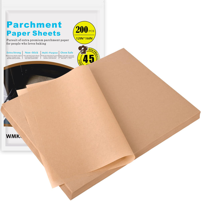WMKGG 200Pcs Unbleached Parchment Paper for Baking, 12 x 16 Inch Precut Heavy Duty Parchment Paper Sheets for Cooking, Grilling, Air Fryer and Oven